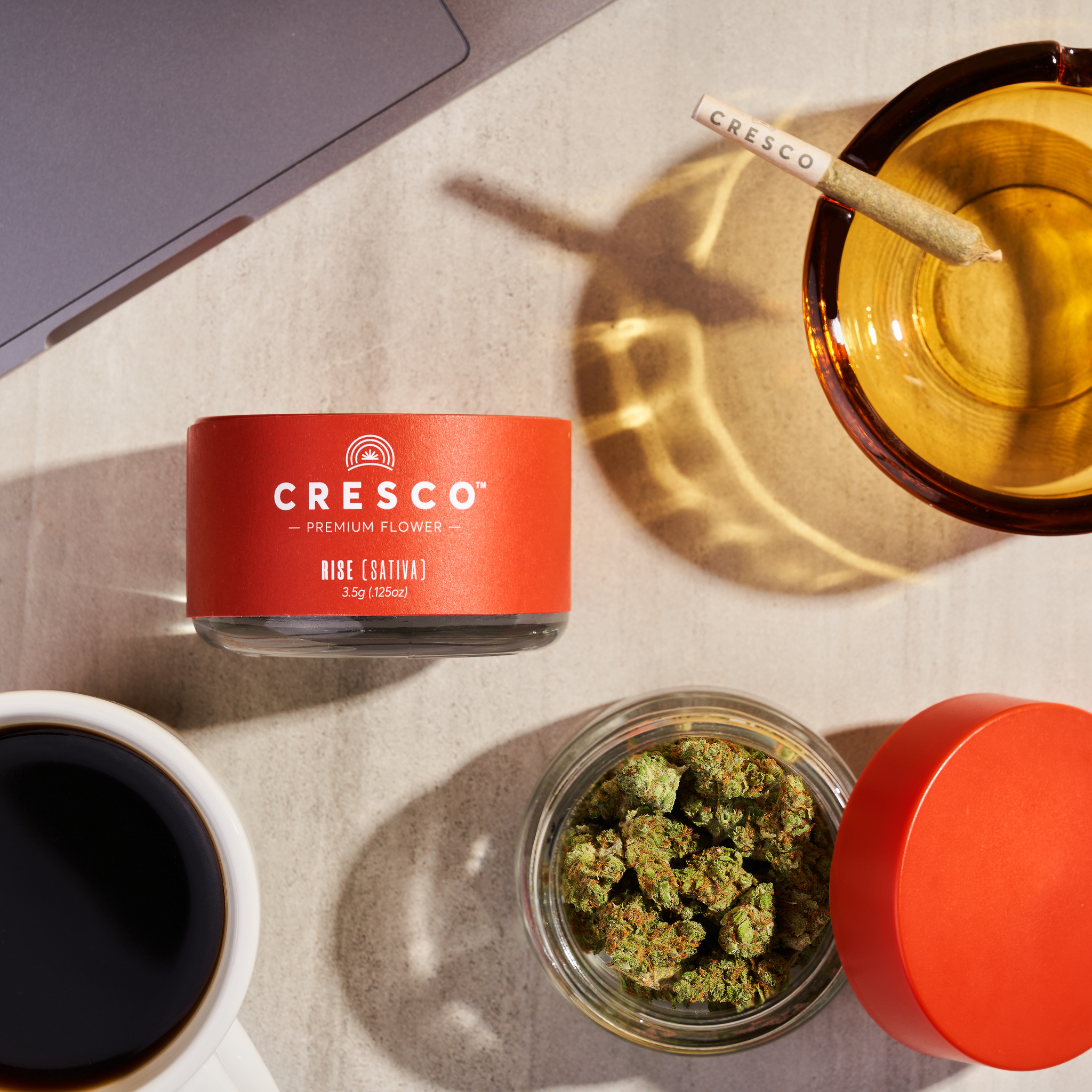Cresco sativa flower, pre-rolled shortie and coffee.